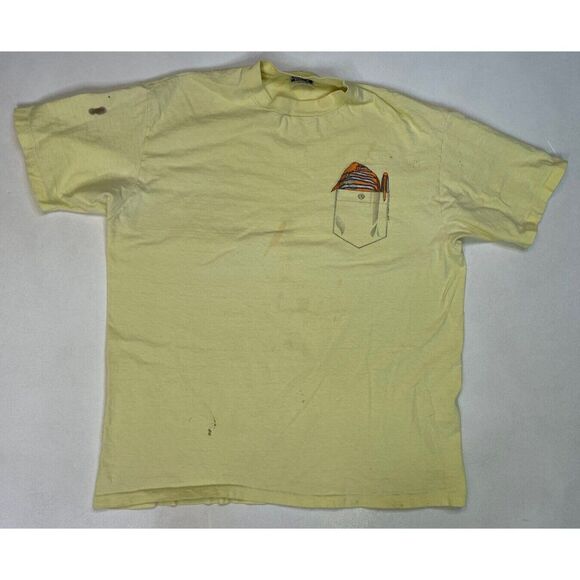 VINTAGE Fish Pocket Graphic 1986 T-shirt Men XL Yellow USA 80s Single Stitch - Picture 1 of 10